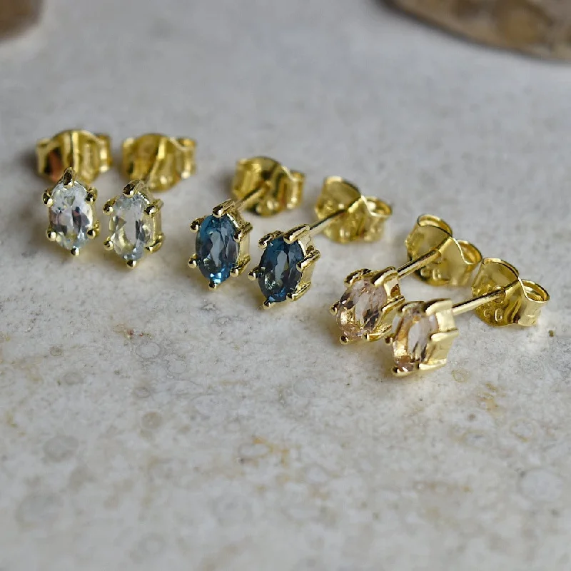 Bold cuff earrings-Six-Prong Oval Gemstone Stud Earrings