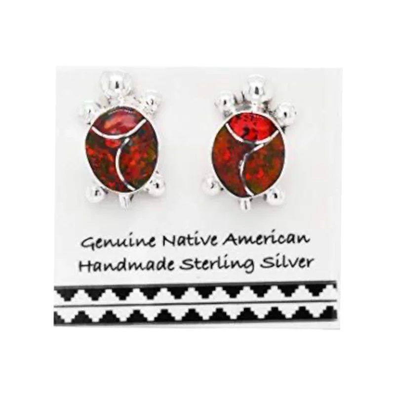 Red Desert Opal Turtle Earrings, 925 Sterling Silver, Native American USA Handmade, Synthetic Opal, Nickel Free