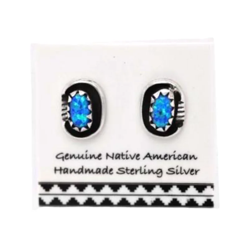 Desert Opal Stud Earrings, 925 Sterling Silver, Native American USA Handmade, Dark Blue Synthetic Opal, Nickel Free