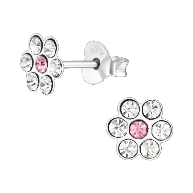 Pink gold earrings-Children’s Sterling Silver Clear with Pink Detail Flower Earring