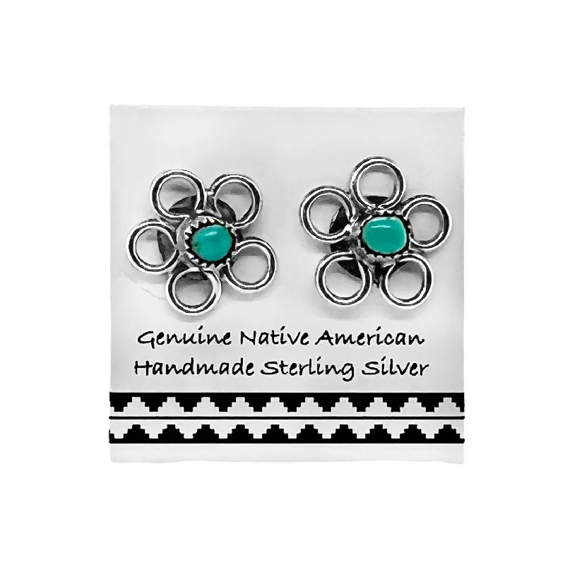 Genuine Sleeping Beauty Turquoise Stud Earrings in 925 Sterling Silver, Authentic Native American Handmade, Bohemian Flower Design