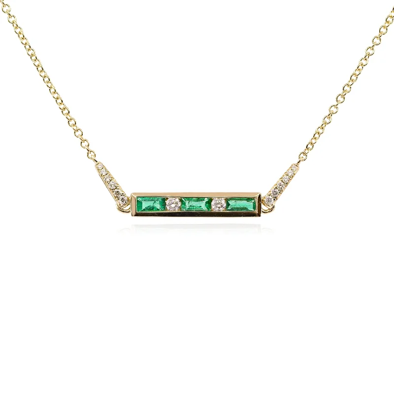 Thick chain necklaces-14K YELLOW GOLD EMERALD DIAMOND BAR PENDANT NECKLACE