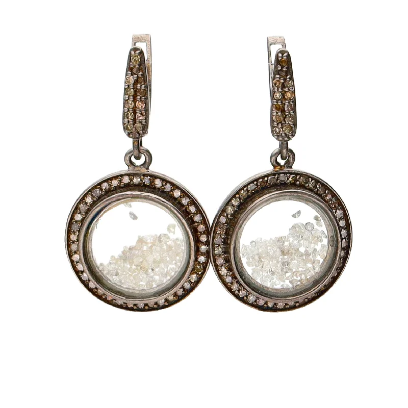 Round medallion earrings-Oxidized Sterling Silver Floating Diamond Drop Earrings