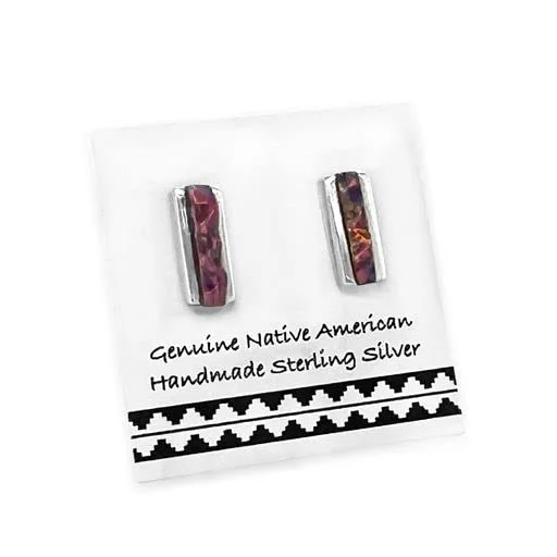 Purple Desert Opal Bar Stud Earrings, 925 Sterling Silver, Native American USA Handmade, Nickel Free, Synthetic Opal