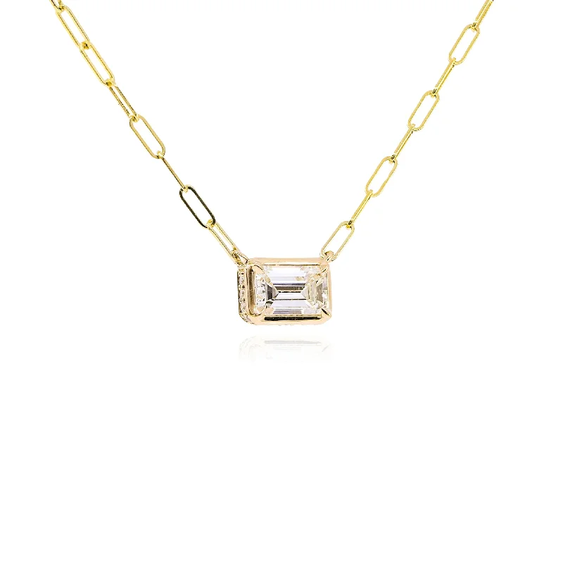 Oval drop necklaces-14K YELLOW GOLD EMERALD-CUT DIAMOND SOLITAIRE PENDANT NECKLACE WITH HALO - 0.84CTW