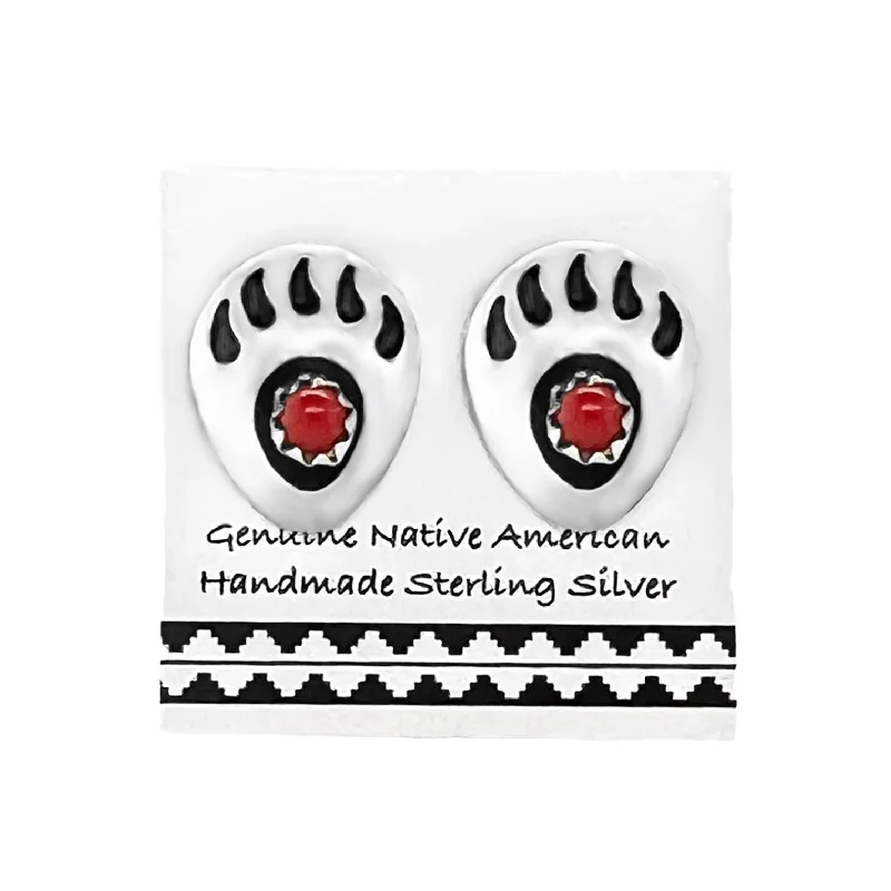 Red Coral Bear Paw Stud Earrings in 925 Sterling Silver, Native American Handmade in the USA, Nickle Free