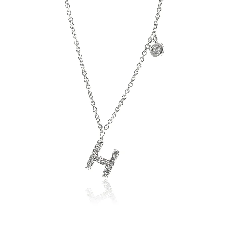 Fiber braid necklaces-ADJUSTABLE 14-16-INCH 14K WHITE GOLD PAVE DIAMOND LETTER H NECKLACE