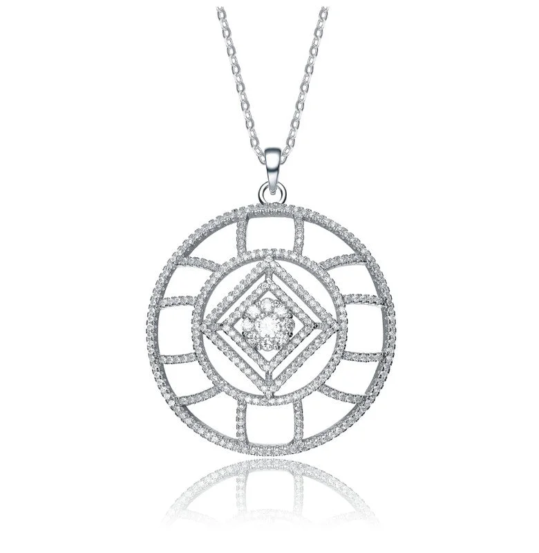 Ripple wave necklaces-White Gold Plated with Clear Cubic Zirconia Geometric Halo Pendant Necklace