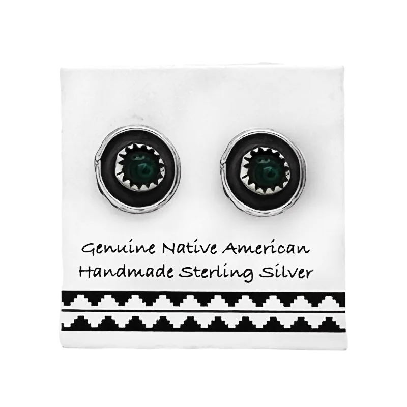 8mm Genuine Malachite Stud Earrings in 925 Sterling Silver, Authentic Native American Handmade, Nickel Free, Dark Green