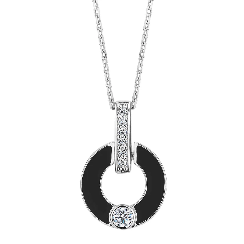 Sapphire gem necklaces-Round Brilliant drop necklace with diamond simulants in black enamel and sterling silver