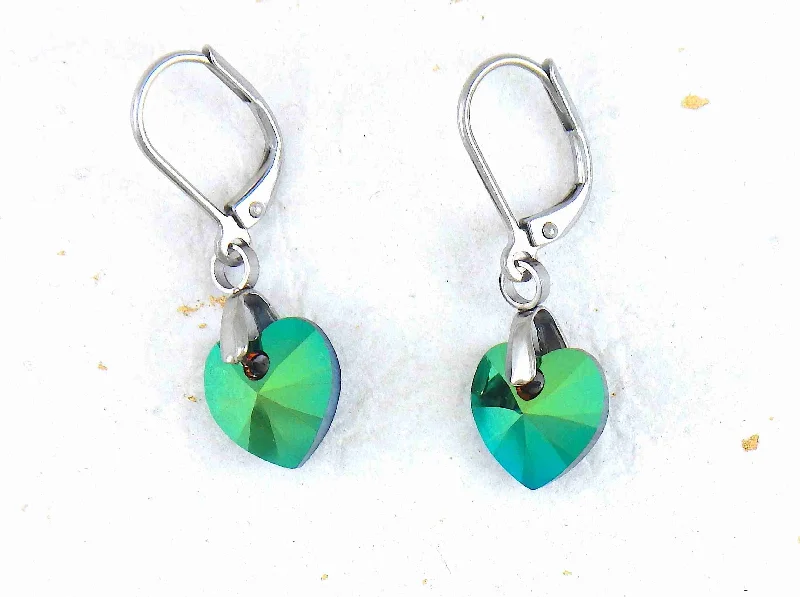 Short earrings with 10mm faceted Scarabeus Green Swarovski crystal hearts, stainless steel lever back hooks