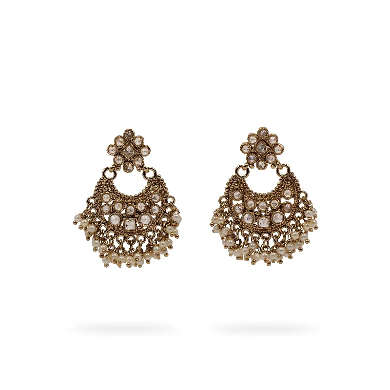 Round medallion earrings-Pearl Cluster Chandbali Earrings in White and Antique Gold