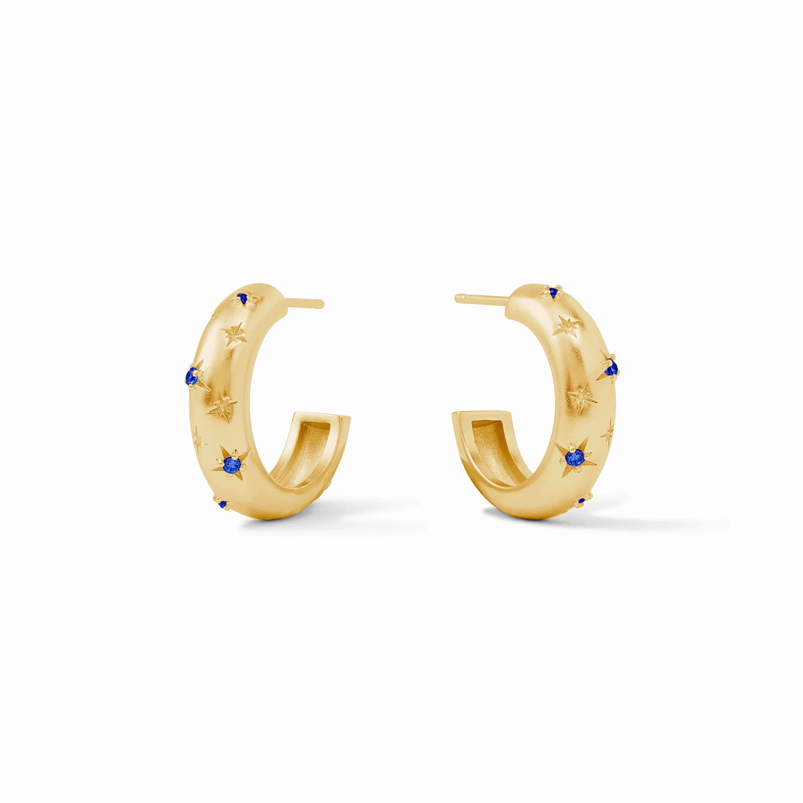 Emerald stone earrings-Julie Vos 24K Gold Plated Luna Sapphire Blue CZ Stone Hoop Earrings