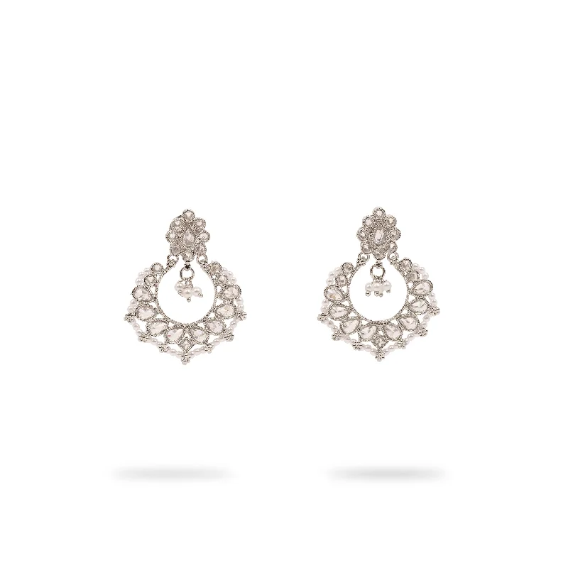 Cultured pearl earrings-Ethnic Bead-Edge Earrings in Rhodium