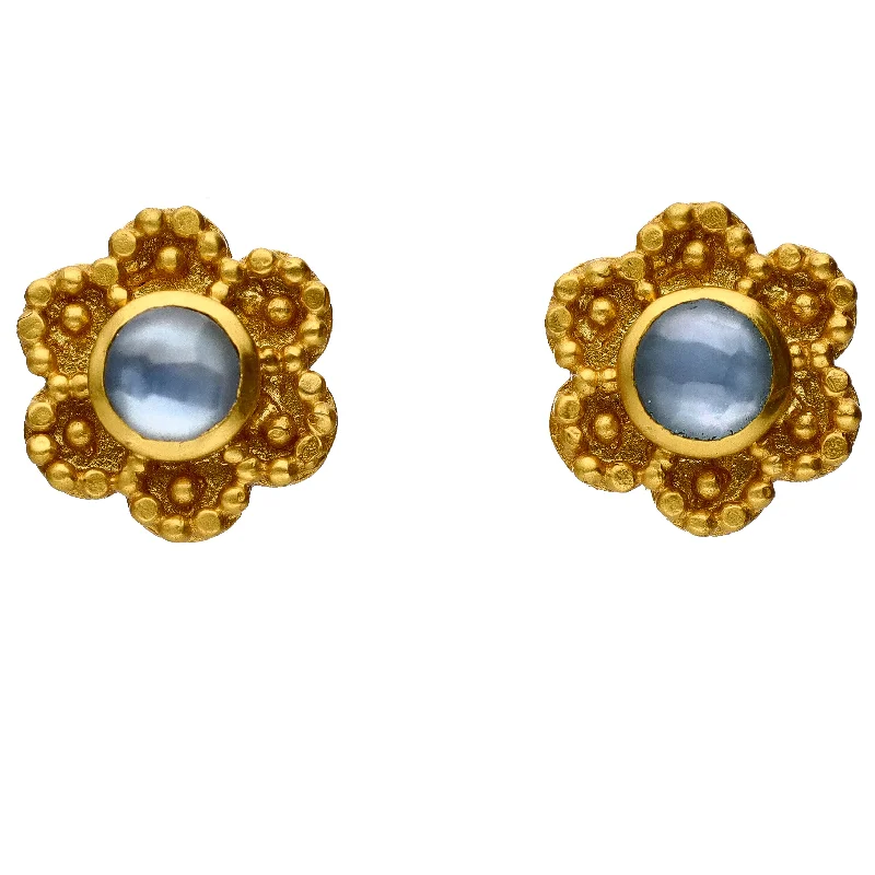 Flow drop earrings-Julie Vos Colette Collection Iridescent Chalcedony Blue Glass Flower Stud Earrings