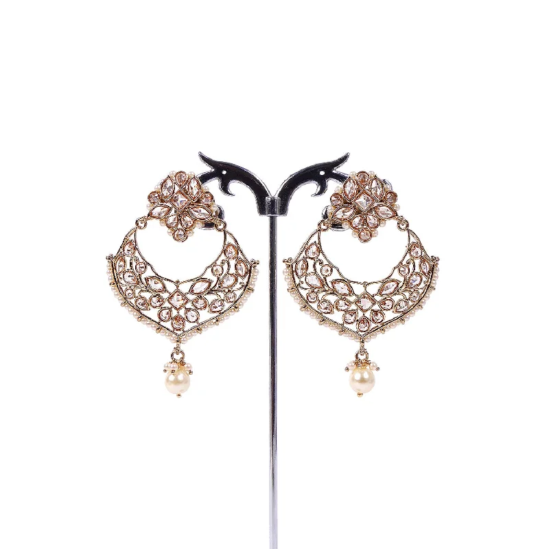 Oak wood earrings-Richa Chandbali Earrings in Pearl and Antique Gold