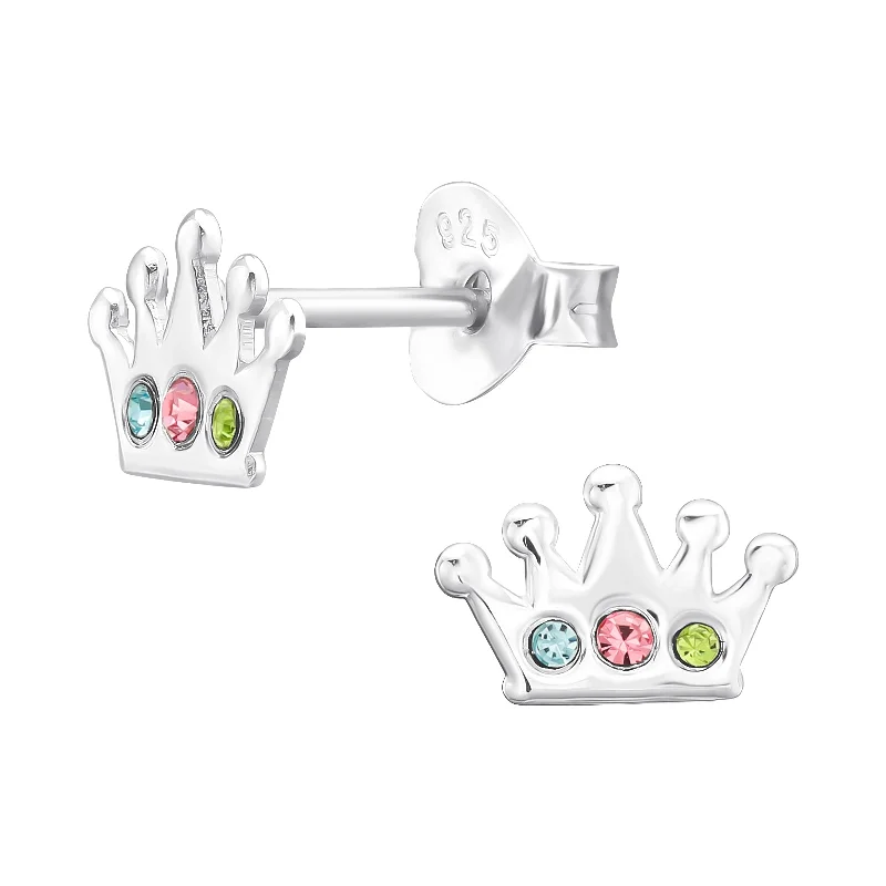 Spinel earrings-Children’s Sterling Silver Crown Earring with Multi- Coloured CZ Detail.