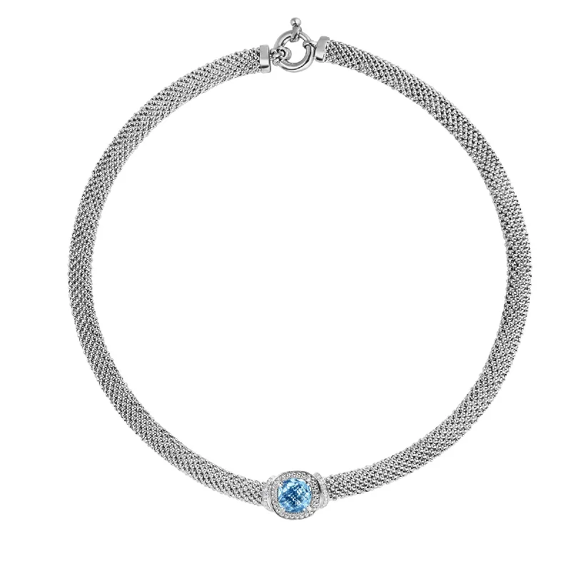 Wave pattern necklaces-Sterling Silver 17 inches with Rhodium Finish 8mm Shiny Fancy Popcorn Necklace with Spring Ring Clasp+0.1100ct White Diamond+5.1800ct 10x10mm Cushion Blue Topaz