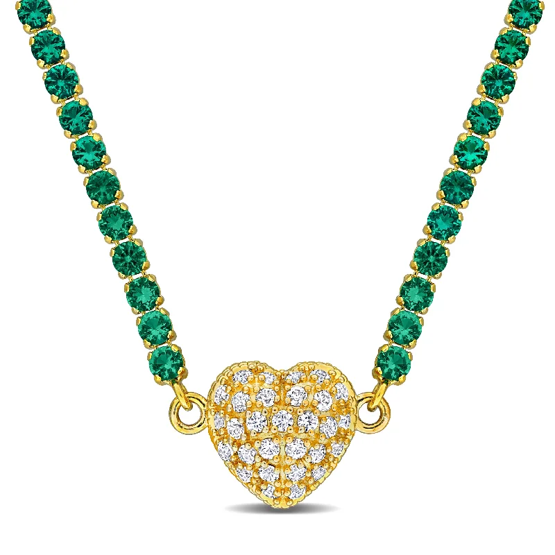 Thin beaded necklaces-Mimi & Max 13 5/8ct TGW Created Emerald Created White Sapphire Heart Necklace Yellow Silver