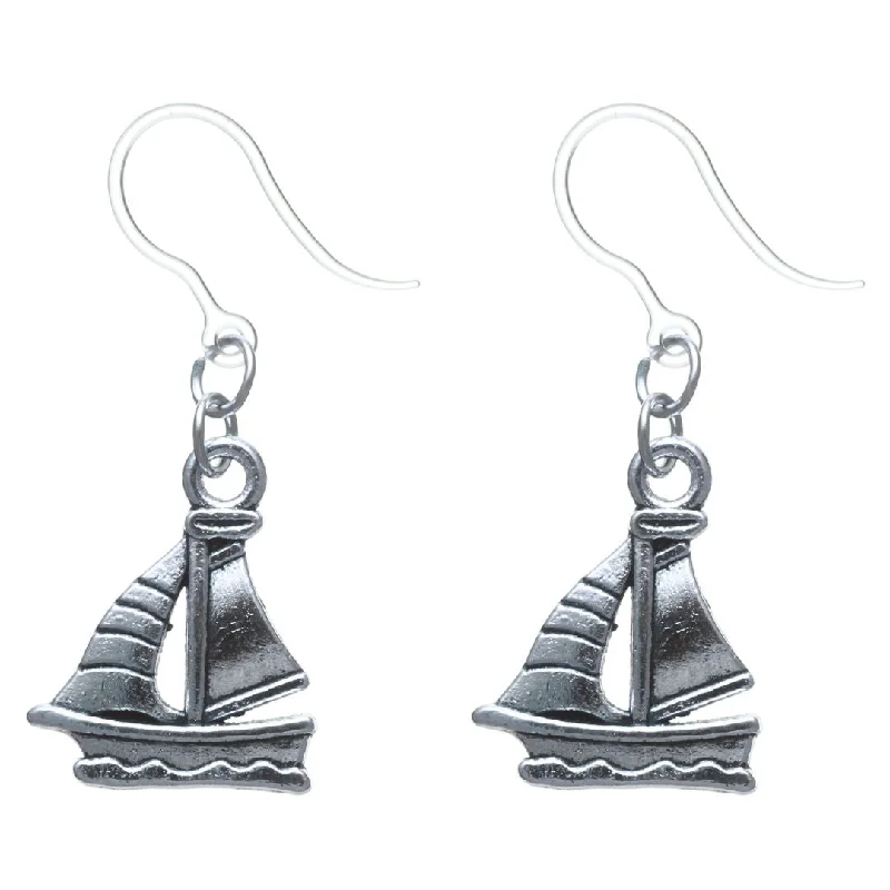 Silver Sailboat Dangles Hypoallergenic Earrings for Sensitive Ears Made with Plastic Posts