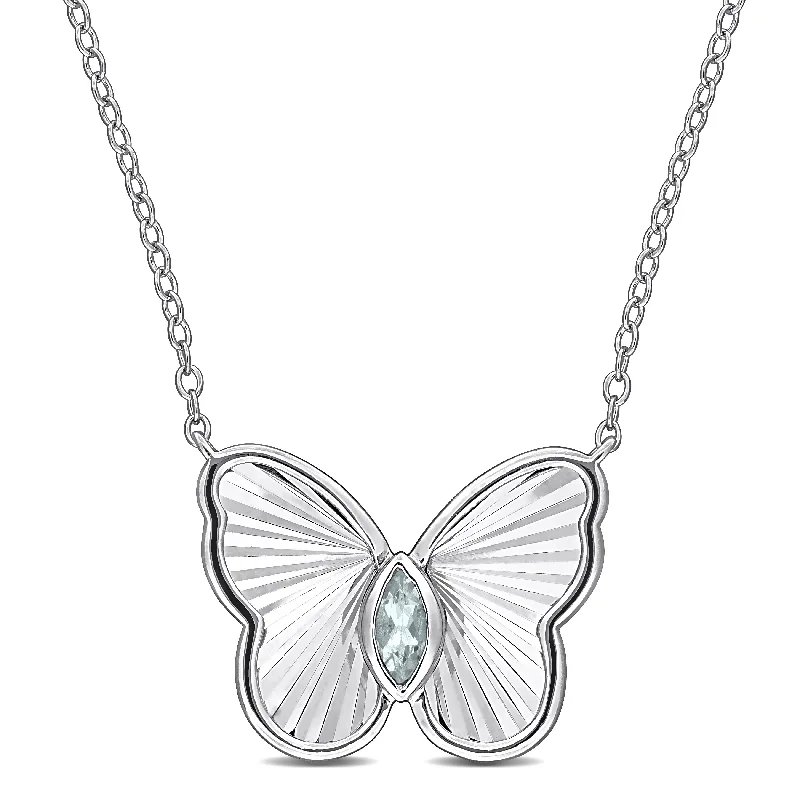 Ruby drop necklaces-Mimi & Max 1/7ct TGW Marquise-Cut Aquamarine Butterfly Necklace in Sterling Silver-17 in