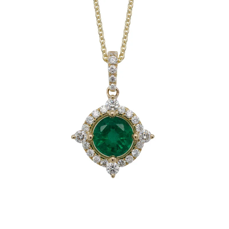 Hope charm necklaces-14K YELLOW GOLD DIAMOND HALO ROUND EMERALD PENDANT NECKLACE 0.24CTW