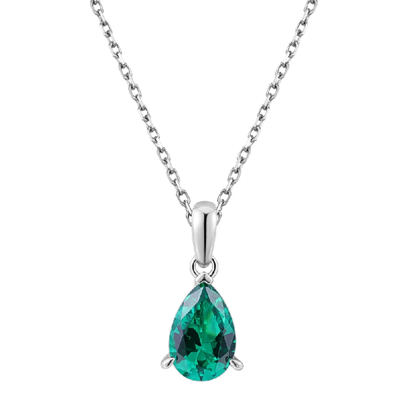 Heavy link necklaces-Round Brilliant solitaire necklace with emerald simulant in sterling silver