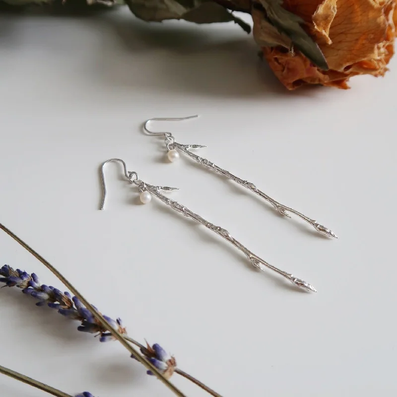 Subtle drop earrings-Dangling Branch Earrings with Pearl