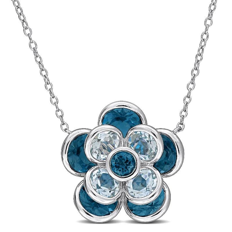 Topaz necklaces-Mimi & Max 7 1/3ct TGW London Blue Topaz Sky Blue Topaz Flower Necklace Sterling Silver-17 in