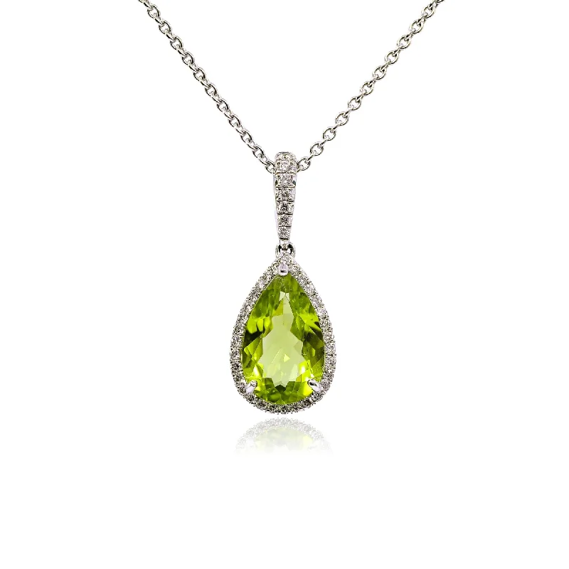 Pure crystal necklaces-18K WHITE GOLD PEAR SHAPE PERIDOT DIAMOND PENDANT NECKLACE