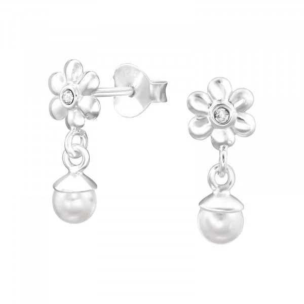 Bright stud earrings-Childrens Sterling Silver Flower And Pearl Drop Earrings