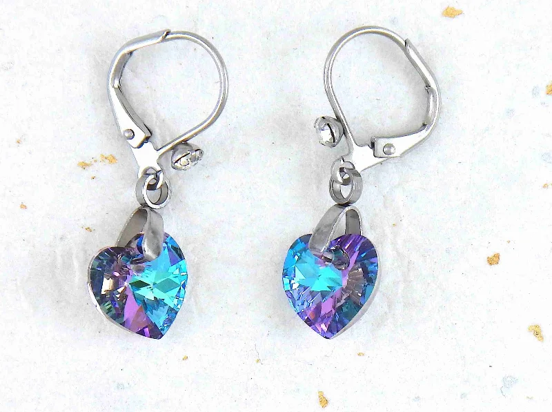 Short earrings with 10mm faceted Vitrail Light (sky blue and lilac) Swarovski crystal hearts, stainless steel lever back hooks with tiny clear crystals