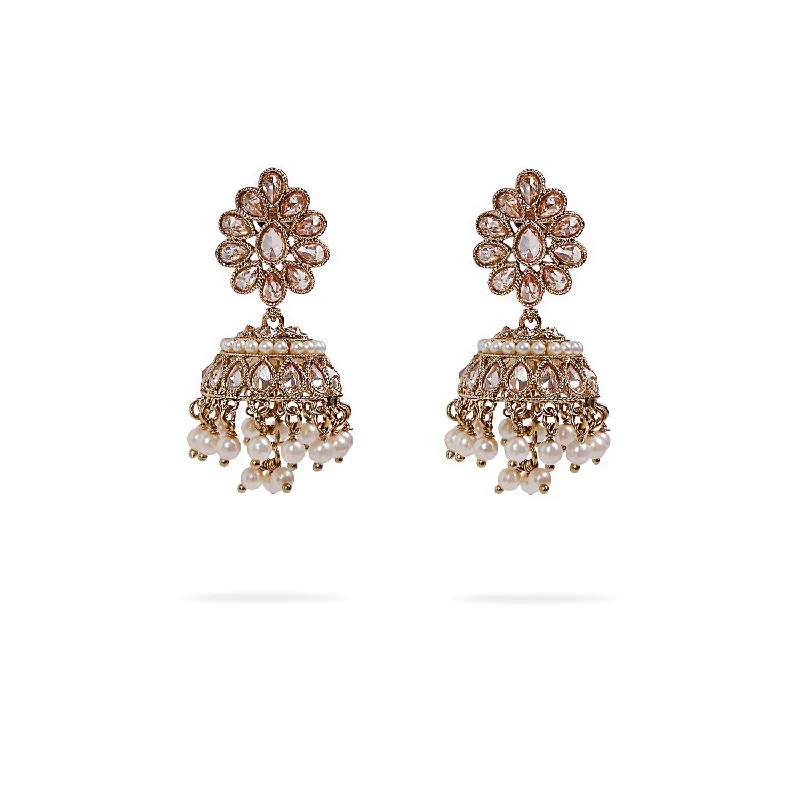 Lily motif earrings-Maira Jhumka Earrings in Pearl and Antique Gold