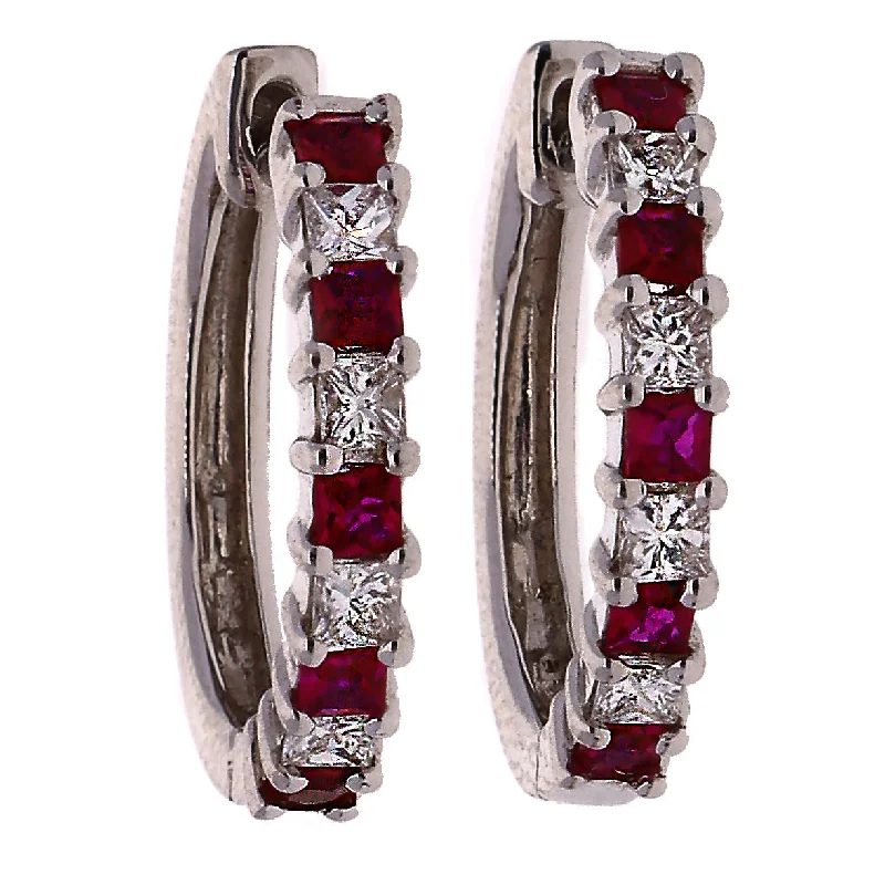 Java tile earrings-14K White Gold Ruby & Diamond Huggie Hoop Earrings