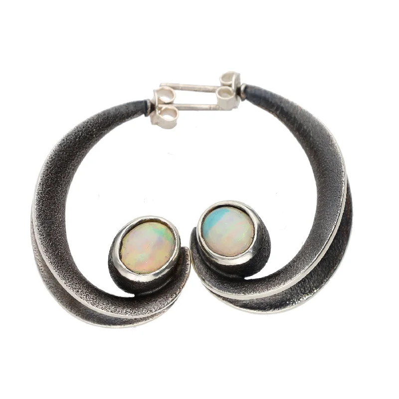 Slim pearl earrings-Bora of Brooklyn Sterling Silver Modern Earrings w/Opals