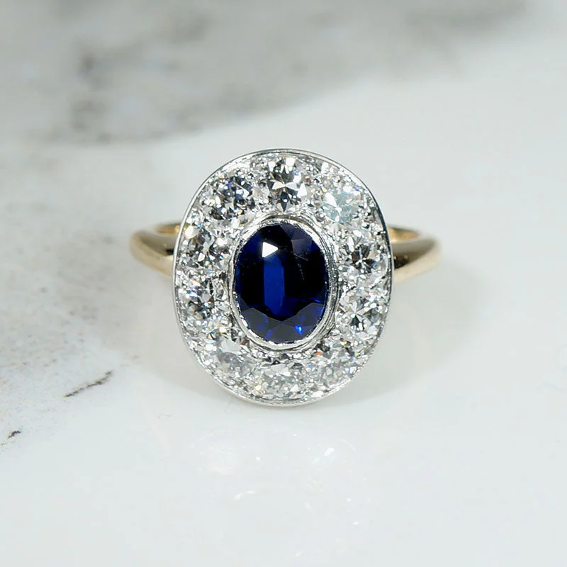 Bright name rings-Gorgeous Edwardian Sapphire & Diamond Halo Ring