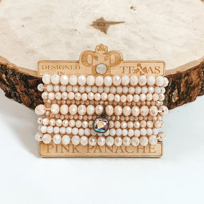 Warm wood bangles-Pink Panache | Crystal Bracelet Set with AB Cushion Cut Crystal Pendant in Pale Pink