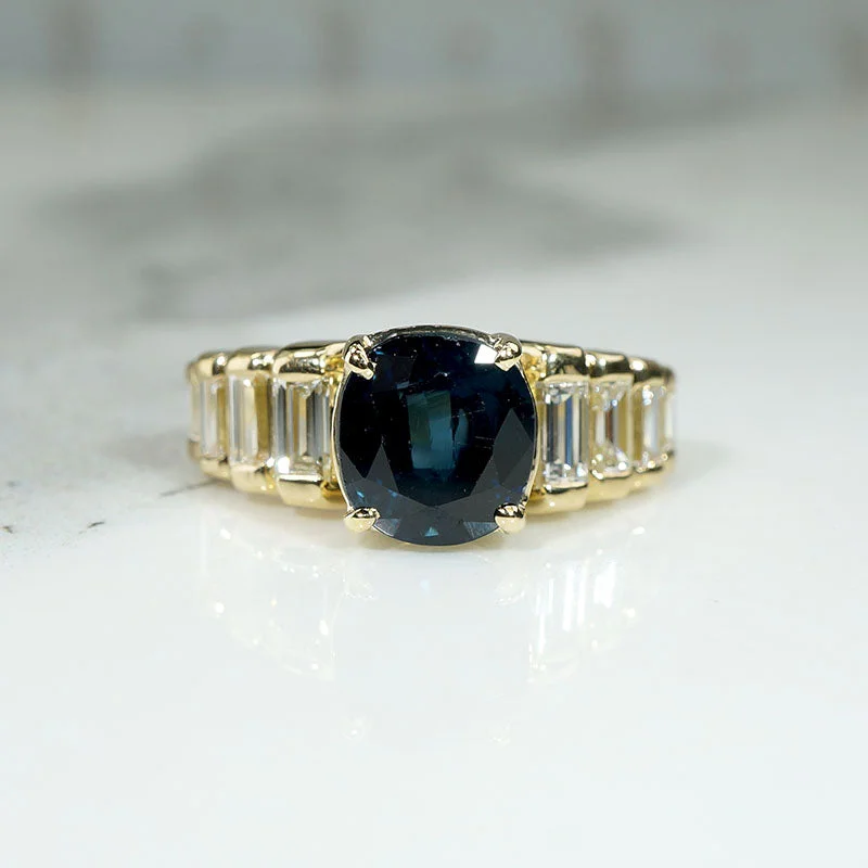 Topaz cut rings-Cushion Cut Sapphire & Baguette Diamond Ring