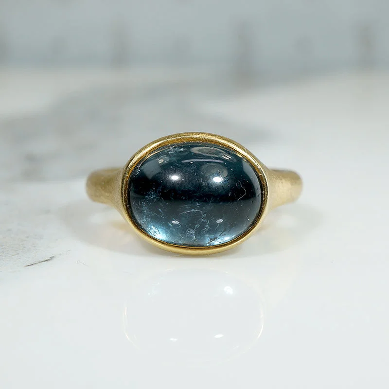 Petal carved rings-Rare Indicolite Blue Tourmaline Cabochon in 18k Gold Ring