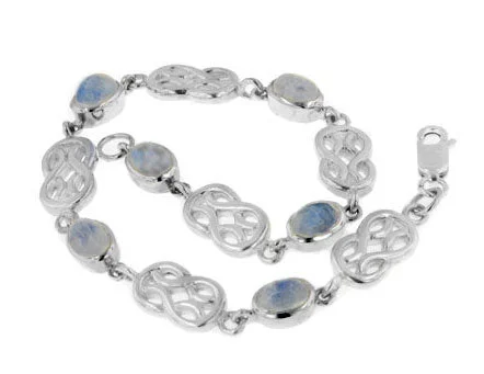 Fine design bangles-Sterling Silver Genuine Rainbow Moonstone Celtic Knot 7" Link Bracelet