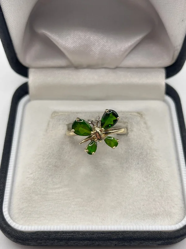 Oak grain rings-9ct gold diopside and diamond butterfly ring