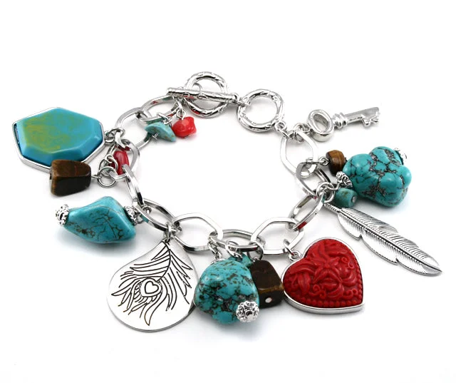 Fine link bangles-Super Chunky Turquoise Charm Bracelet - Cinnabar Heart, Feather, and Key