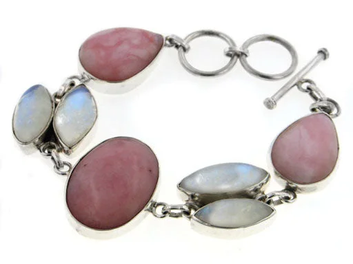 Spinel bangles-Sterling Silver Pink Opal w/ Rainbow Moonstone Bracelet