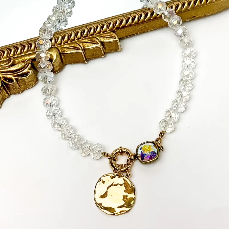 Fine link bangles-Pink Panache | Clear Ab Crystal Beaded Necklace with Gold Tone Coin Charm and AB Cushion Cut Crystal