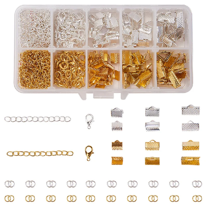 Bright name rings-DIY Jewelry Kits, with Iron Ribbon Ends & Chain Extender & Jump Rings, Alloy Lobster Claw Clasps and Plastic Box, Golden & Silver