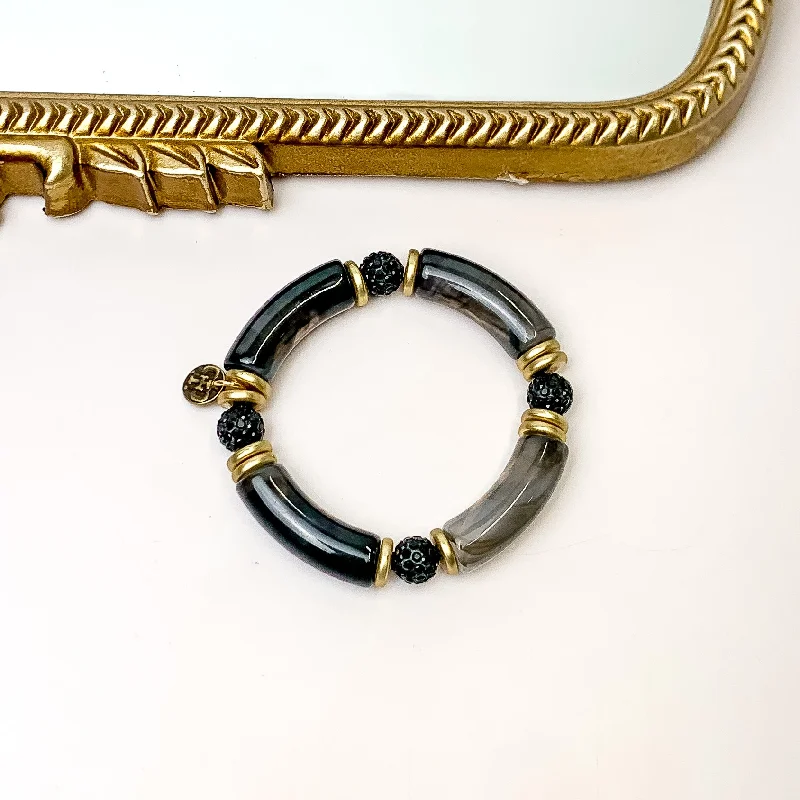 Thick cuff bangles-Pink Panache | Black Bamboo Tube Beaded Bracelet with Black Crystal and Gold Tone Bead Spacers