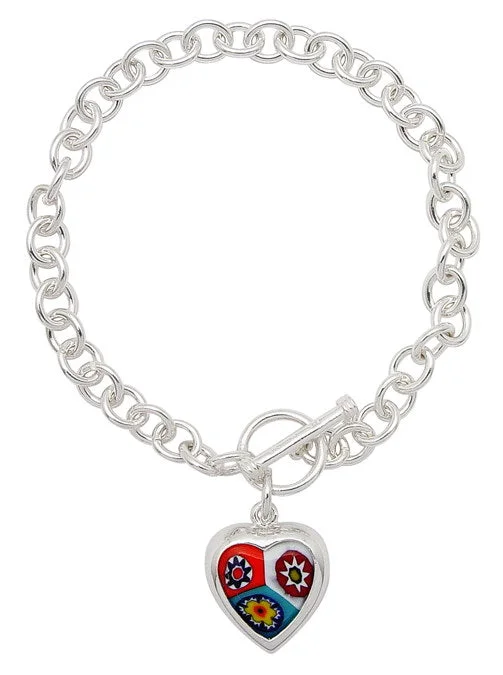 Stone stack bangles-7" Sterling Silver Toggle Bracelet with Italian Glass Millefiori Heart Charm