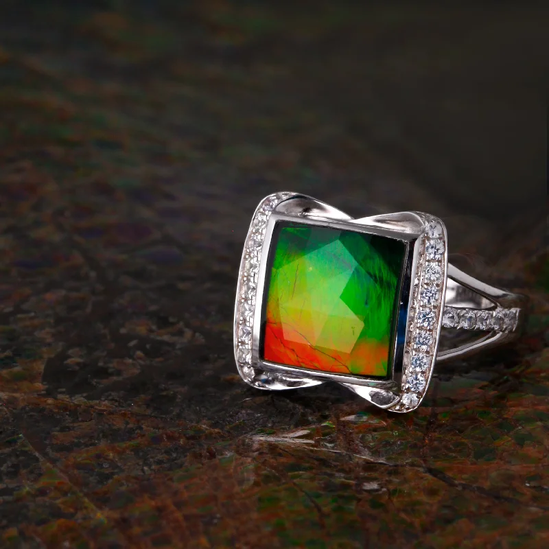 Coil band rings-Sterling Silver Princess Ammolite Ring