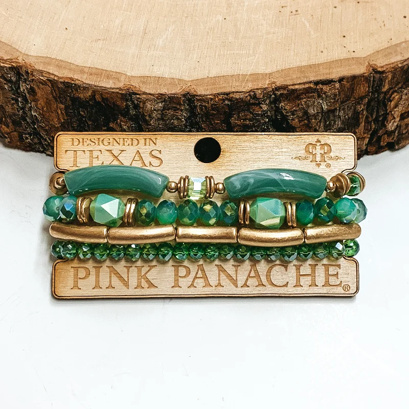 Bead-woven bangles-Pink Panache | Crystal Beaded Bracelet Set in Green with Gold and Green Bamboo Beads