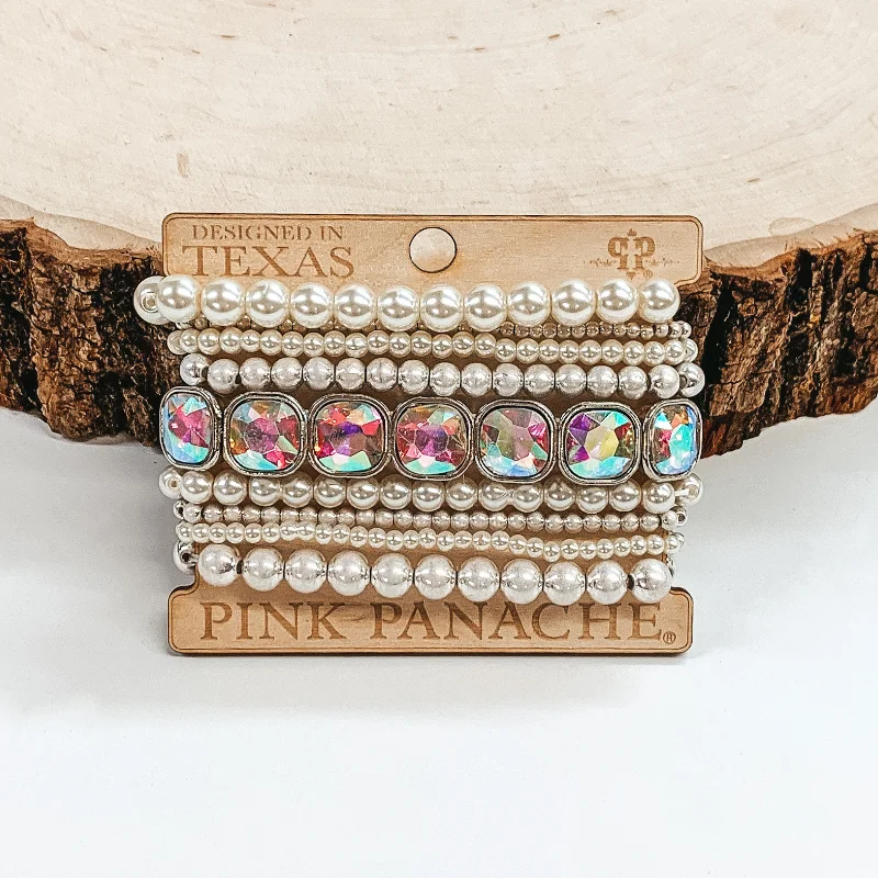 Full moon bangles-Pink Panache | Worn Silver and Pearl Mix Bracelet Set with AB Cushion Cut